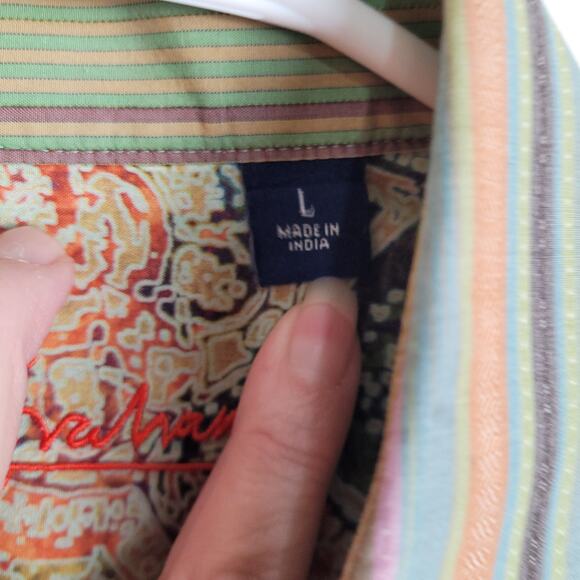 Robert Graham green pink striped button up shirt Size Large long sleeve Dopamine - Picture 4 of 11